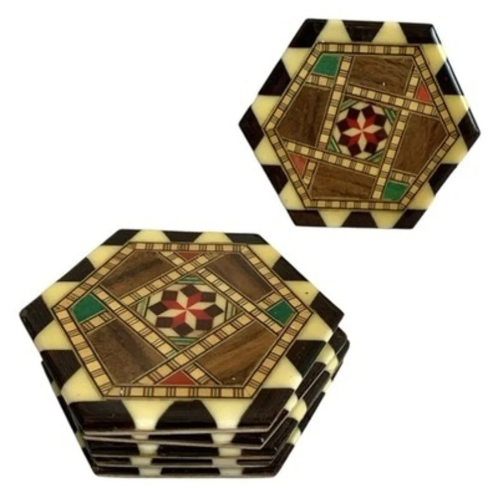 Vintage Set of 6 Geometric Pinwheel Wood Inlay Lacquer Marquetry Coaster Hexagon